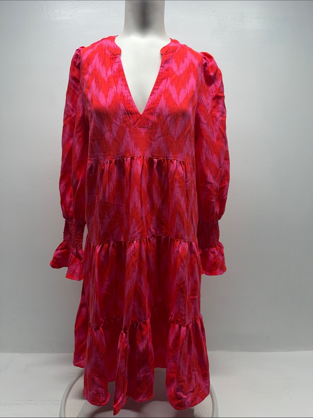 Pomander Place Kenzo Dress Mini Flare V Neck Tiered Ruffle Long Sleeve Pink XS - Picture 2 of 8